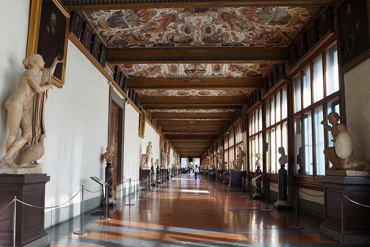 View of frescoed hallway in an Uffizi corridor